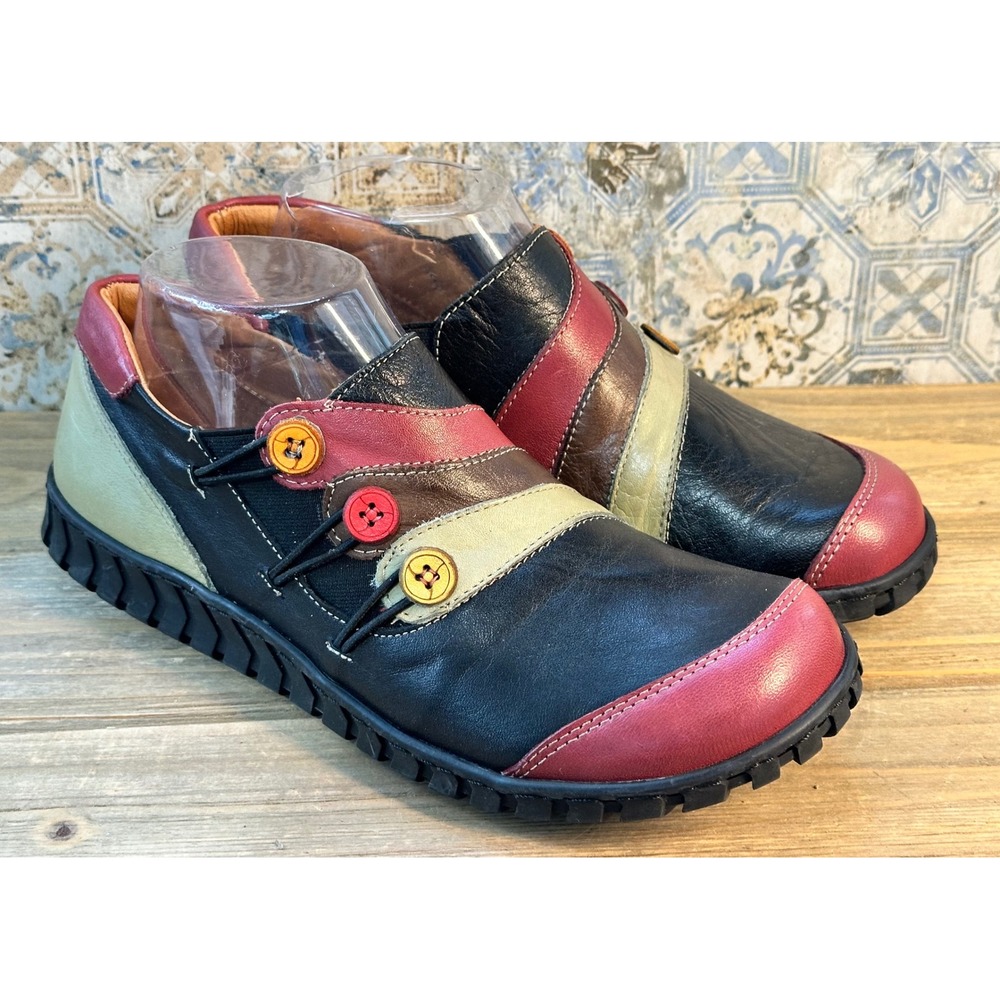 Spring Step Leather Button Loafers Multi Color Stripe Retro Womens 39 / 8.5